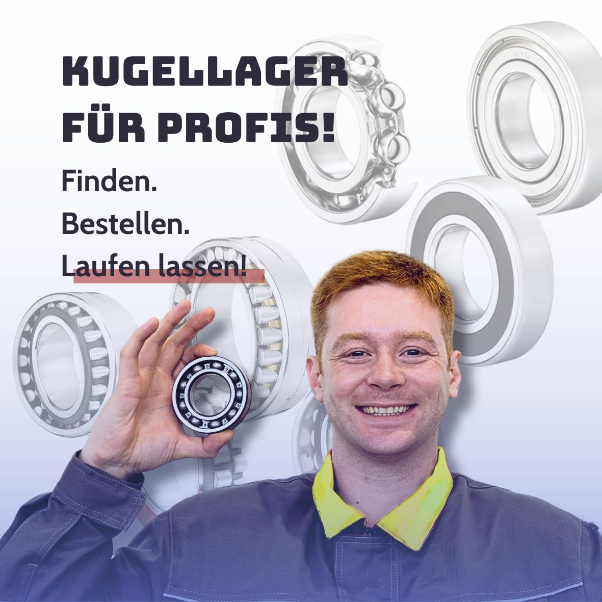 Mitarbeiter von MyKugellager hält ein Kugellager vor technischen Lagergrafiken